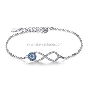 Novos braceletes de prata esterlina 925, bracelete de zircônia cúbica Evil Eye e infinito, braceletes de corrente de elos para joias femininas